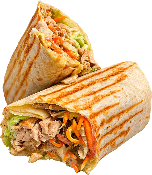 Two Kebab Grill shawarma wraps cut in half on a black background, showing grilled lavash, chicken and pickled carrot