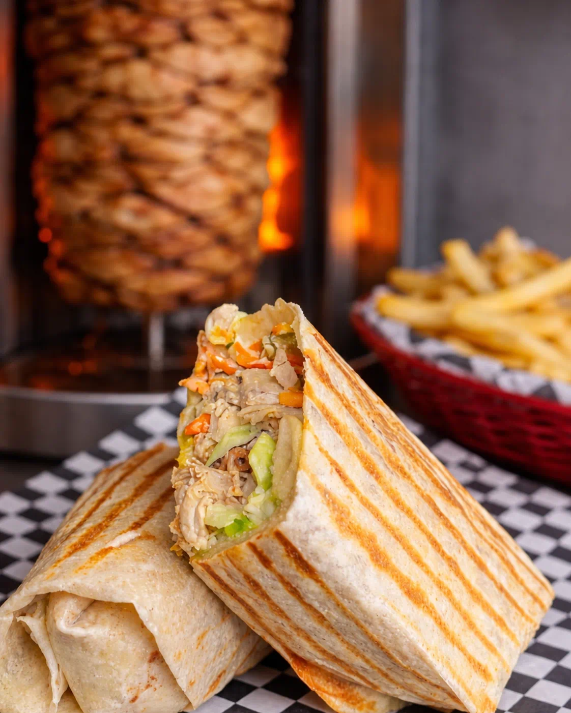 Close-up of two Kebab Grill shawarma wraps with grill marks, chicken rotisserie and fries in the background