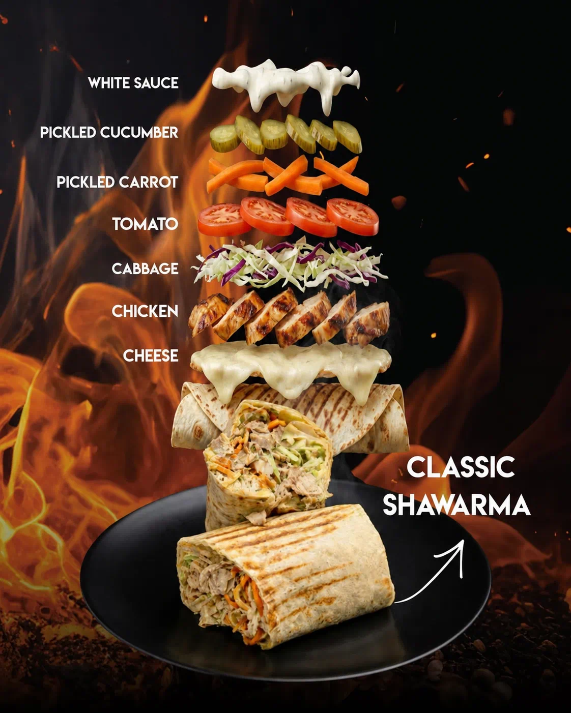 Kebab Grill Classic Shawarma ingredient breakdown: white sauce, pickled cucumber, pickled carrot, tomato, cabbage, chicken, cheese and grilled lavash